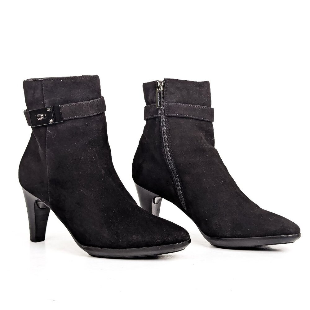 Aquatalia Women Black Suede Dress Office Strap Zip Ankle Boots sz 7.5
